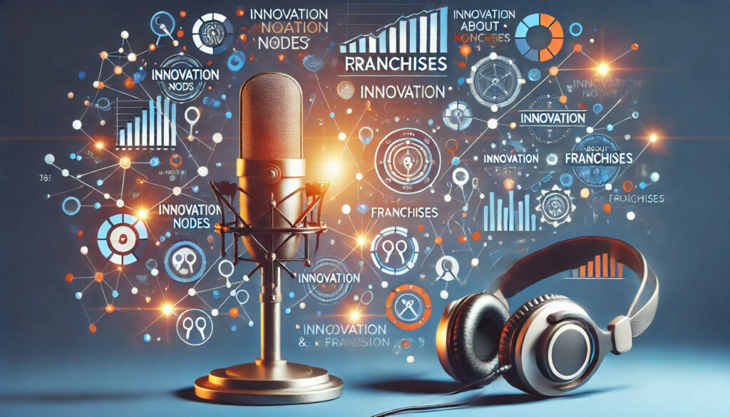 A professional and visually engaging cover image for a podcast about franchises. Features a high-quality podcast microphone, headphones, and visual el